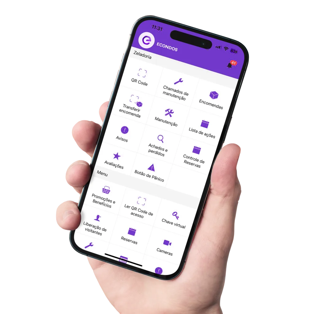 Aplicativo eCondos para condomínios exibido em um smartphone